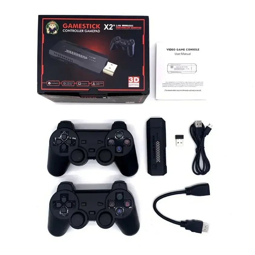 „Nowa konsola X2 Plus Game Stick 4K HD z podwójnym bezprzewodowym kontrolerem 2.4G do gier N64/PSP/PS1/GBA.”