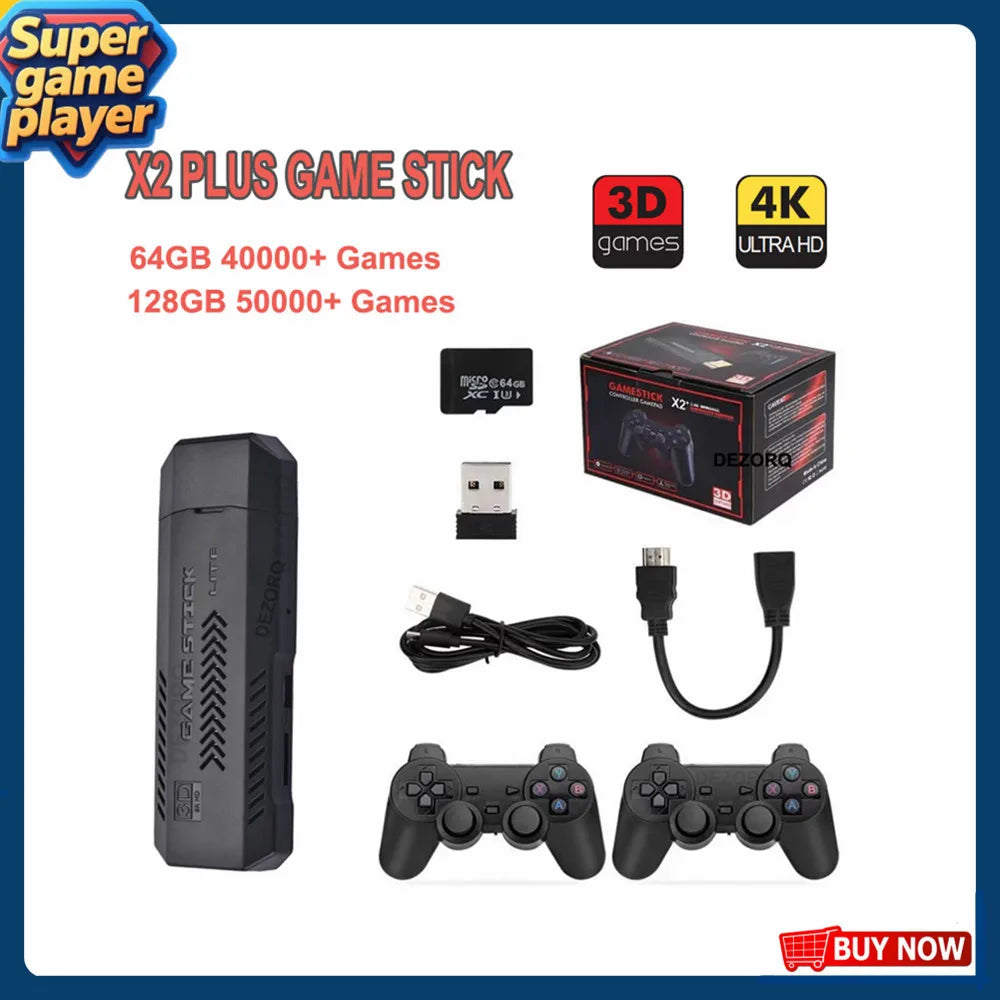 „Nowa konsola X2 Plus Game Stick 4K HD z podwójnym bezprzewodowym kontrolerem 2.4G do gier N64/PSP/PS1/GBA.”